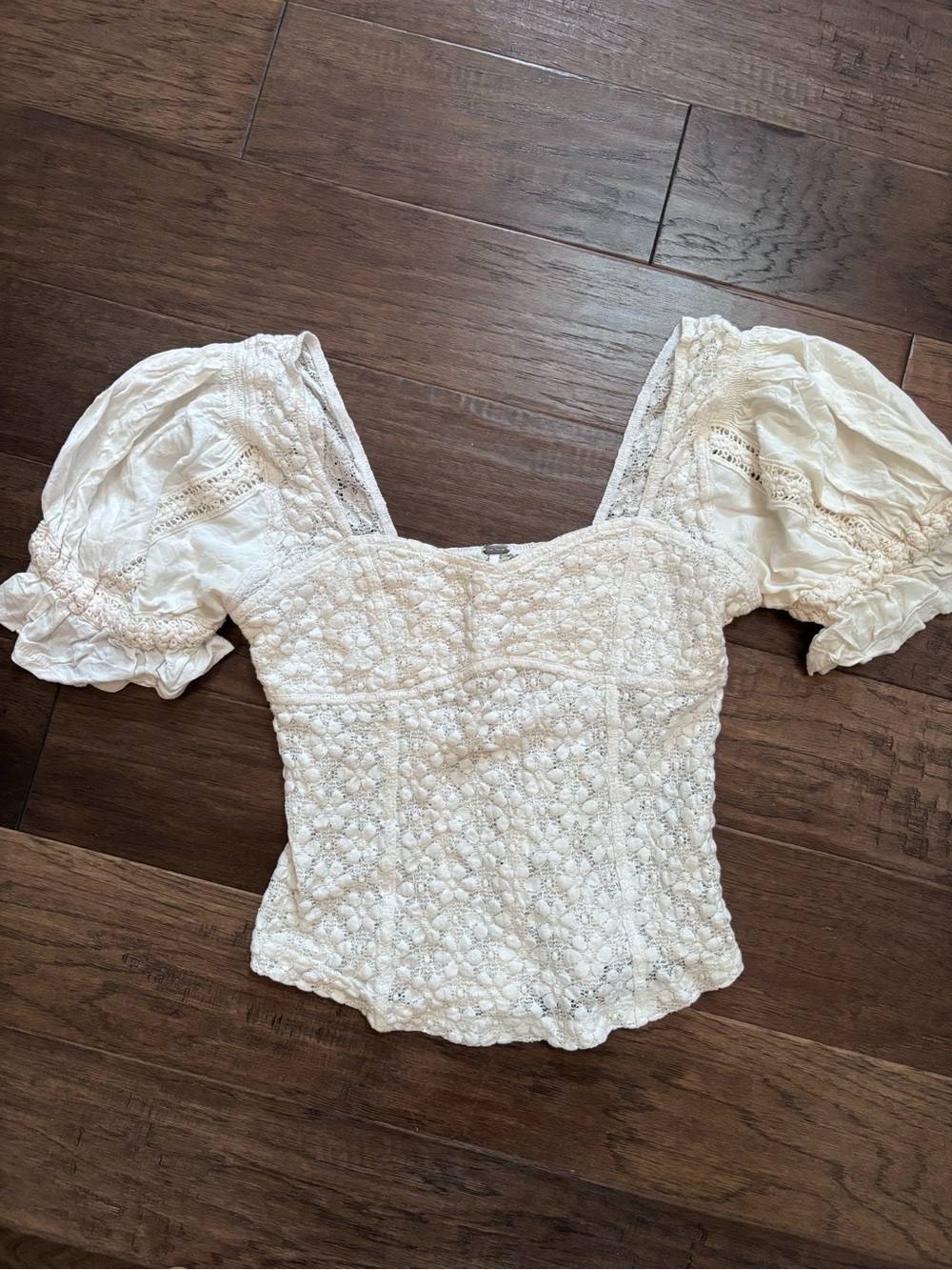 Free People Spring Fling Ivory Lace Puff Sleeve Top Size Small